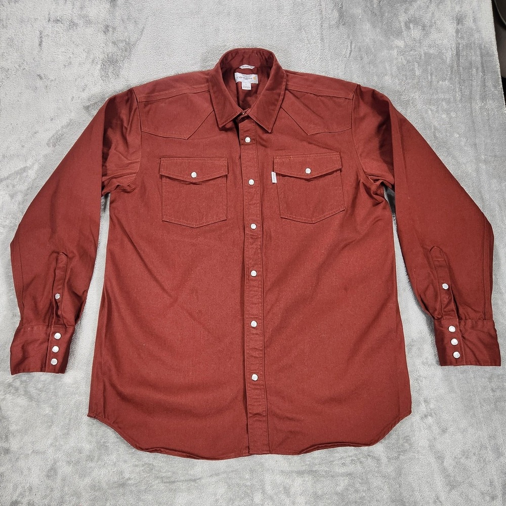 Carhartt Shirt Mens Large Brown Western Pearl Snap Relaxed Fit Twill Long Sleeve